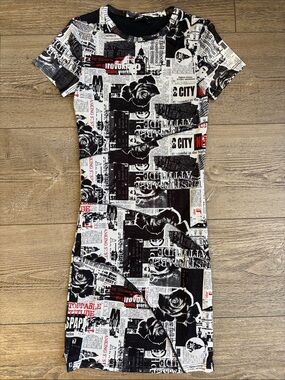 TW Tally Weijl Graphic Newspaper Print Mesh Bodycon Mini Dress Black & White